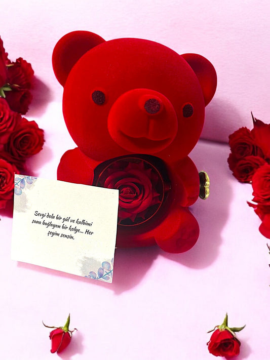 Sevimli Güllü Ayıcık - Çift Kalp Kolye